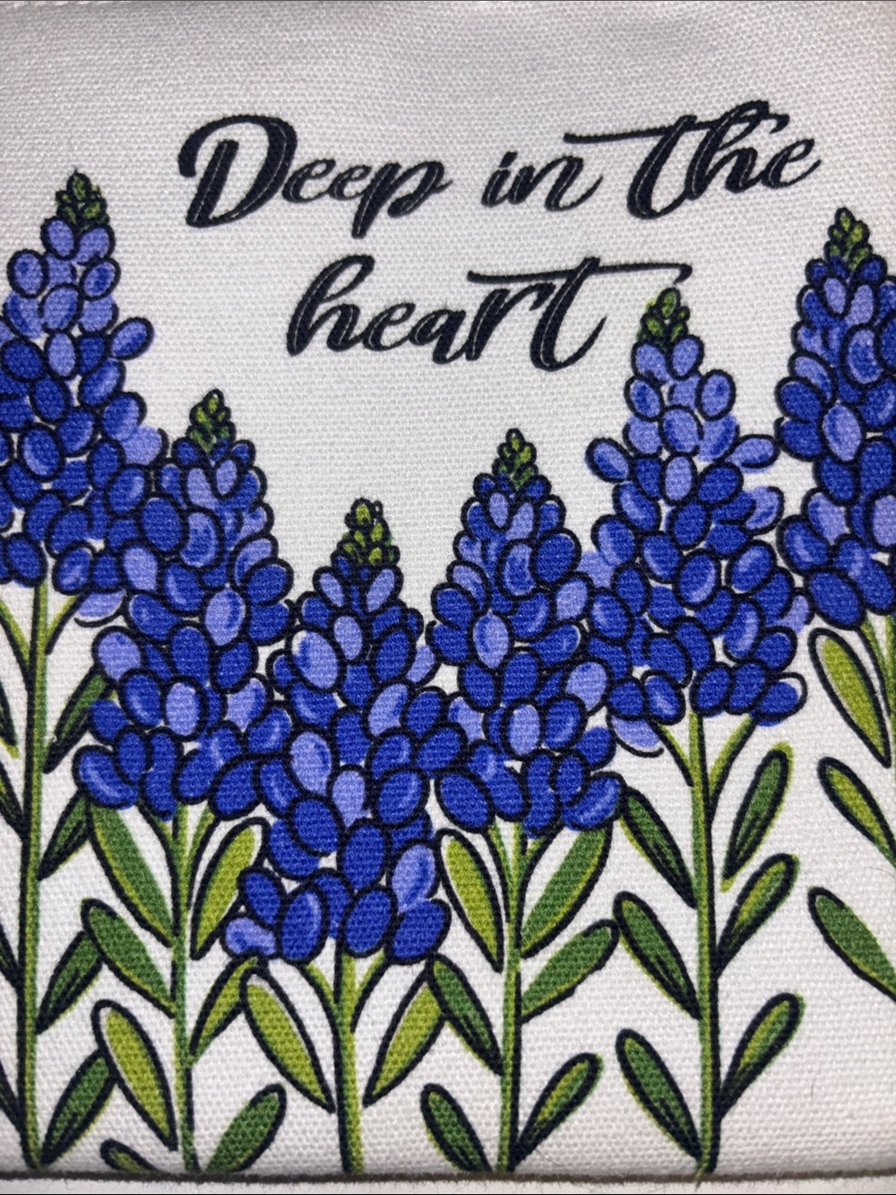 BLUE BONNET FLORAL BAG W/ DEEP IN THE HEART ON THE FRONT/BACK BLACK TASSEL